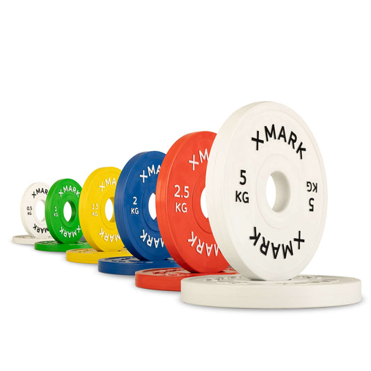 Set of Olympic change plates ranging from 0.5 kg to 5 kg, featuring vibrant color-coding and raised lettering.