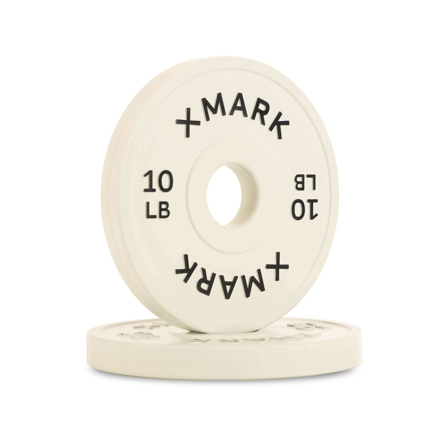 Two Olympic change plates stacked, one marked 10 lbs, featuring a durable virgin rubber coating and bold embossed lettering.