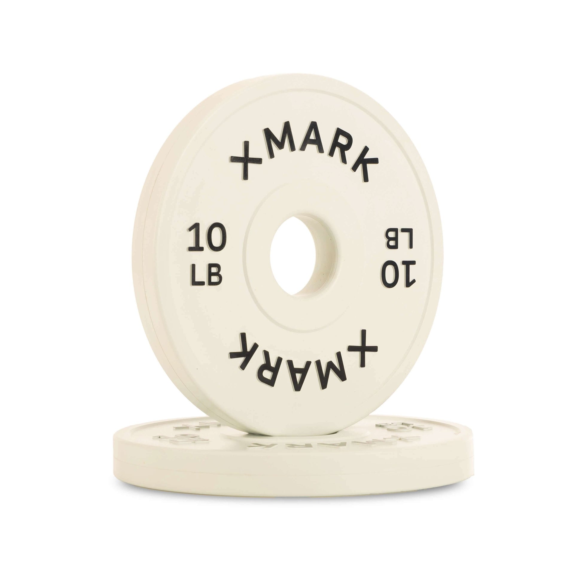 Two Olympic change plates stacked, one marked 10 lbs, featuring a durable virgin rubber coating and bold embossed lettering.