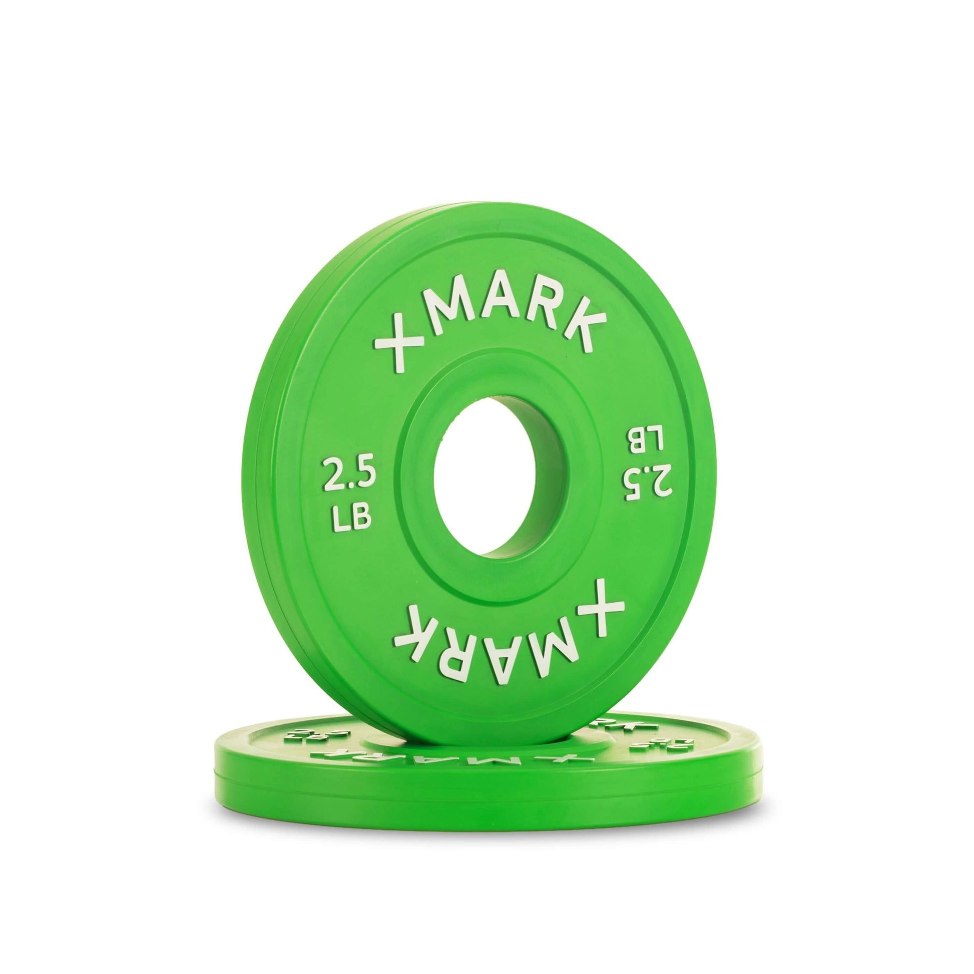 Green 2.5 lb Olympic change plate with embossed lettering, featuring a solid steel core and matte finish for precision workouts.