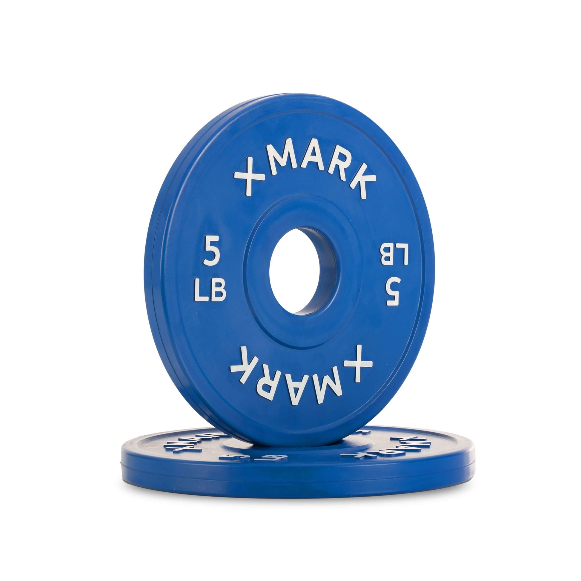 Two blue Olympic change plates, each labeled 5 lbs, featuring a solid steel core and high-quality rubber exterior.
