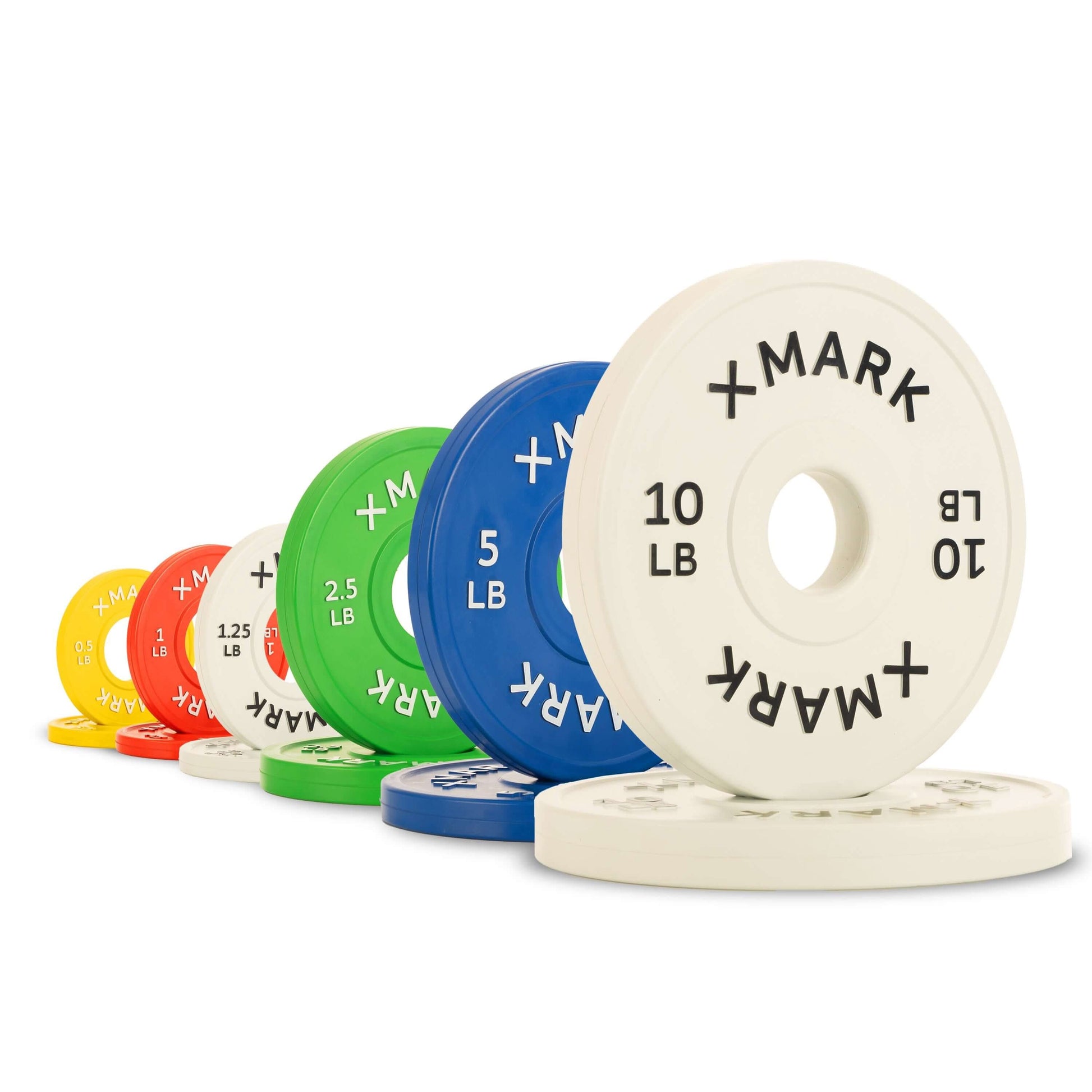 Color-coded Olympic change plates in pounds, featuring weights from ½ to 10 lbs, encased in durable virgin rubber.