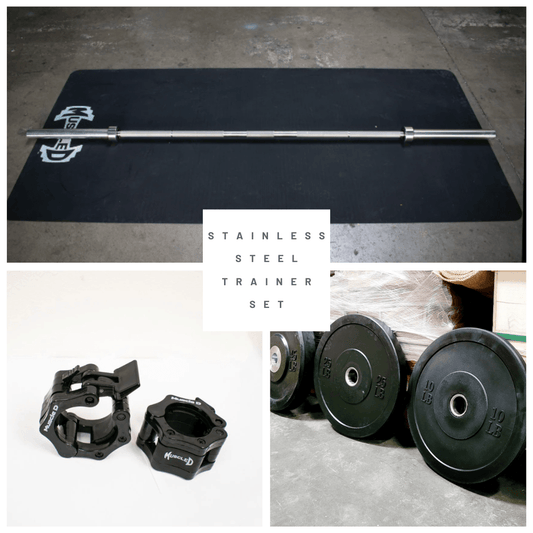 7' Stainless Steel Bushing Olympic Bar and Bumper Plate Set