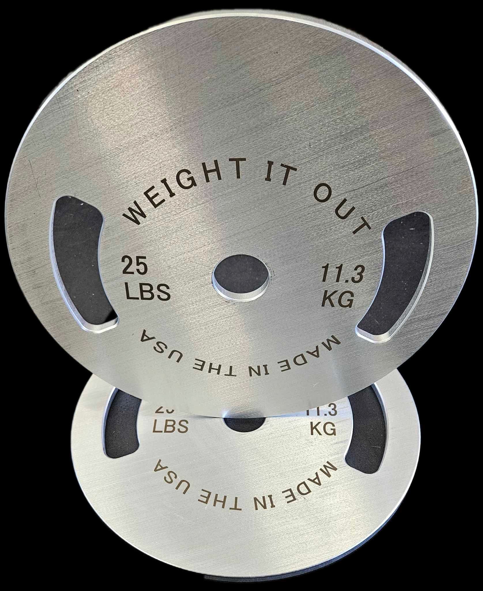 Solid Steel Calibrated Weight Plate Sets - front view display 25 lbs (silver finish)