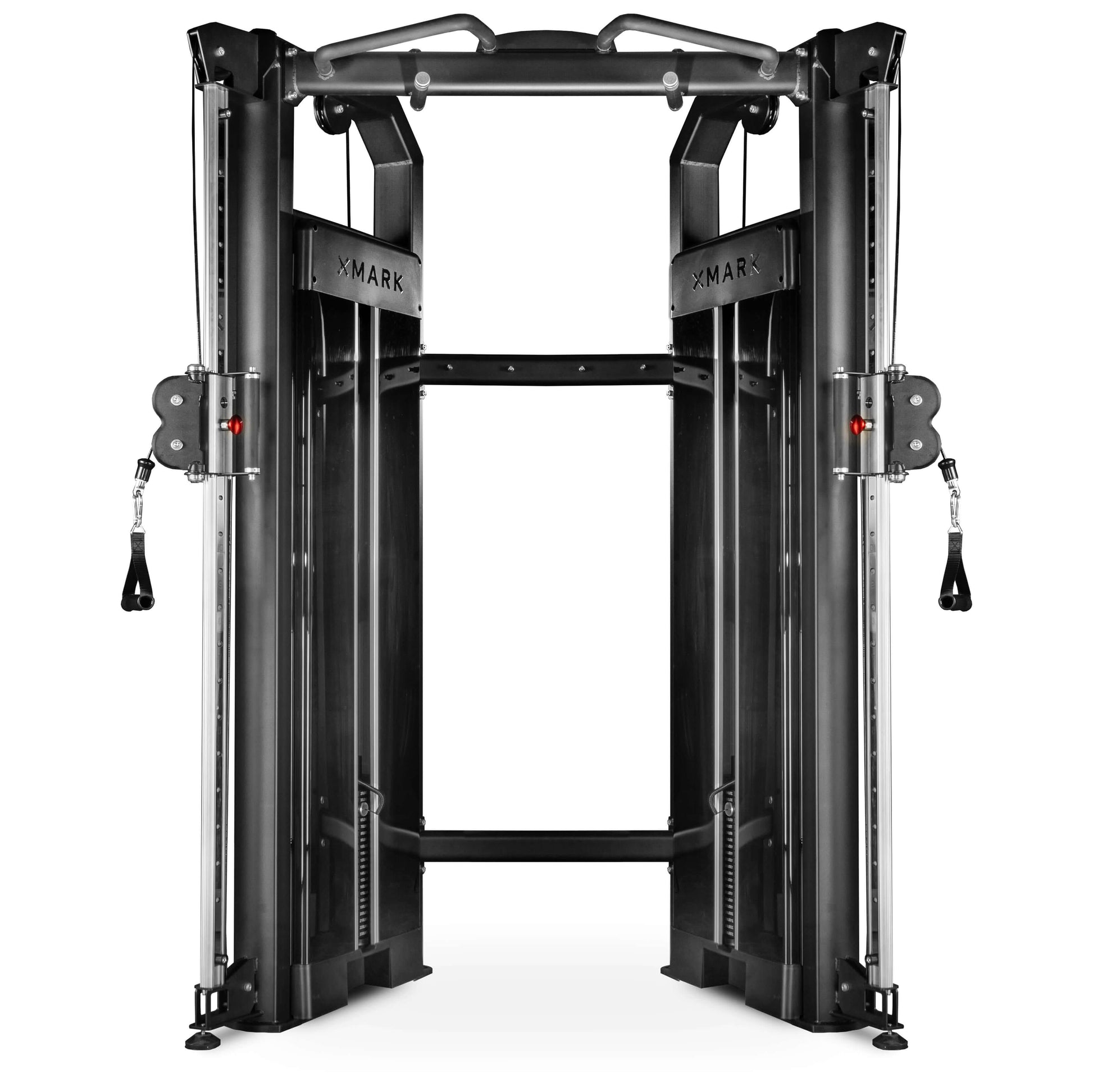 Functional trainer with dual 230 lb weight stacks, designed for versatile workouts and easy assembly, measuring 90 inches tall.