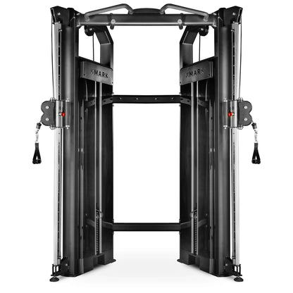 Functional trainer with dual 230 lb weight stacks, designed for versatile workouts and easy assembly, measuring 90 inches tall.