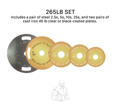 Cast Iron Machined 45lb And Calibrated Solid Steel Weight Plate Sets - front view layout with description (clear or black-coated, 265lb set)