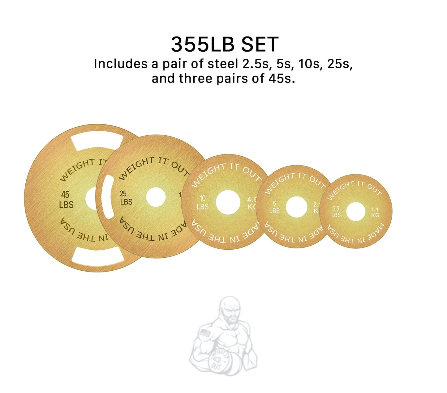 Solid Steel Calibrated Weight Plate Sets - front view layout 355lb set (gold finish)