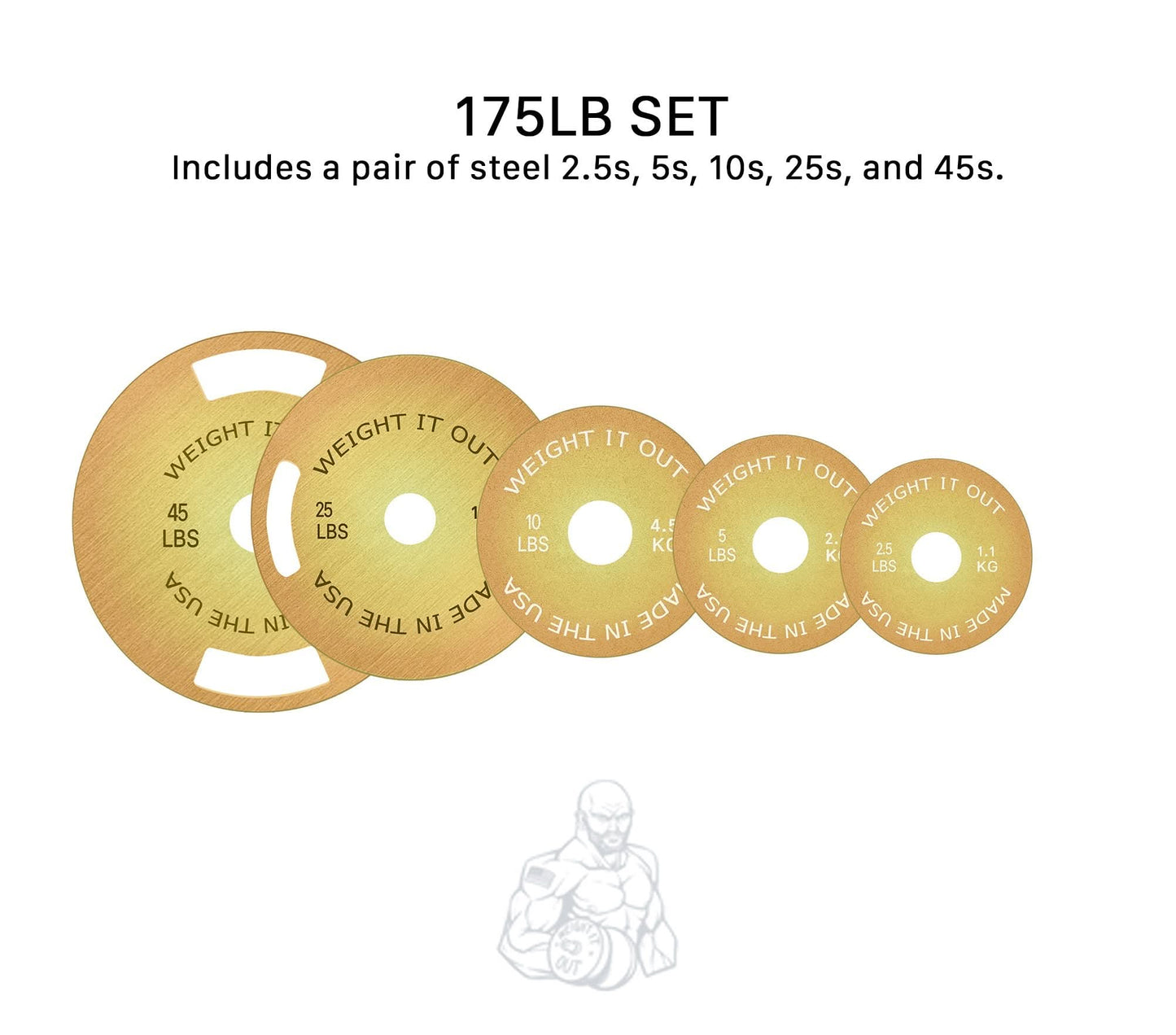 Solid Steel Calibrated Weight Plate Sets - front view layout 175lb set (gold finish)