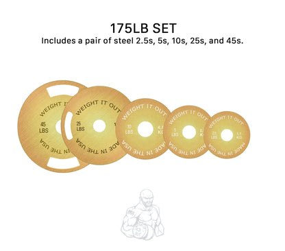 Solid Steel Calibrated Weight Plate Sets - front view layout 175lb set (gold finish)
