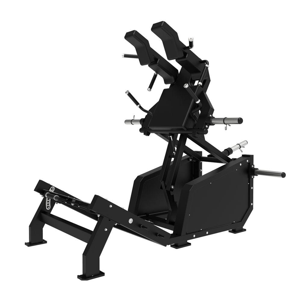Excel Glute Line Hack Squat / Front Squat - Muscle D Fitness - Plate Load Squat Machine - Counter Balanced - Plate Storage Pegs