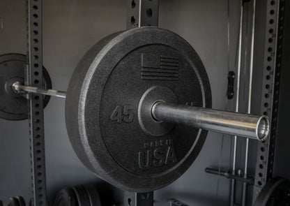 USA Bumper Plate Set - perspective view on a barbell (45 lbs)