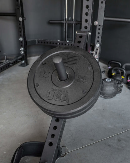 USA Bumper Plate Set - top view with plates loaded on a rack