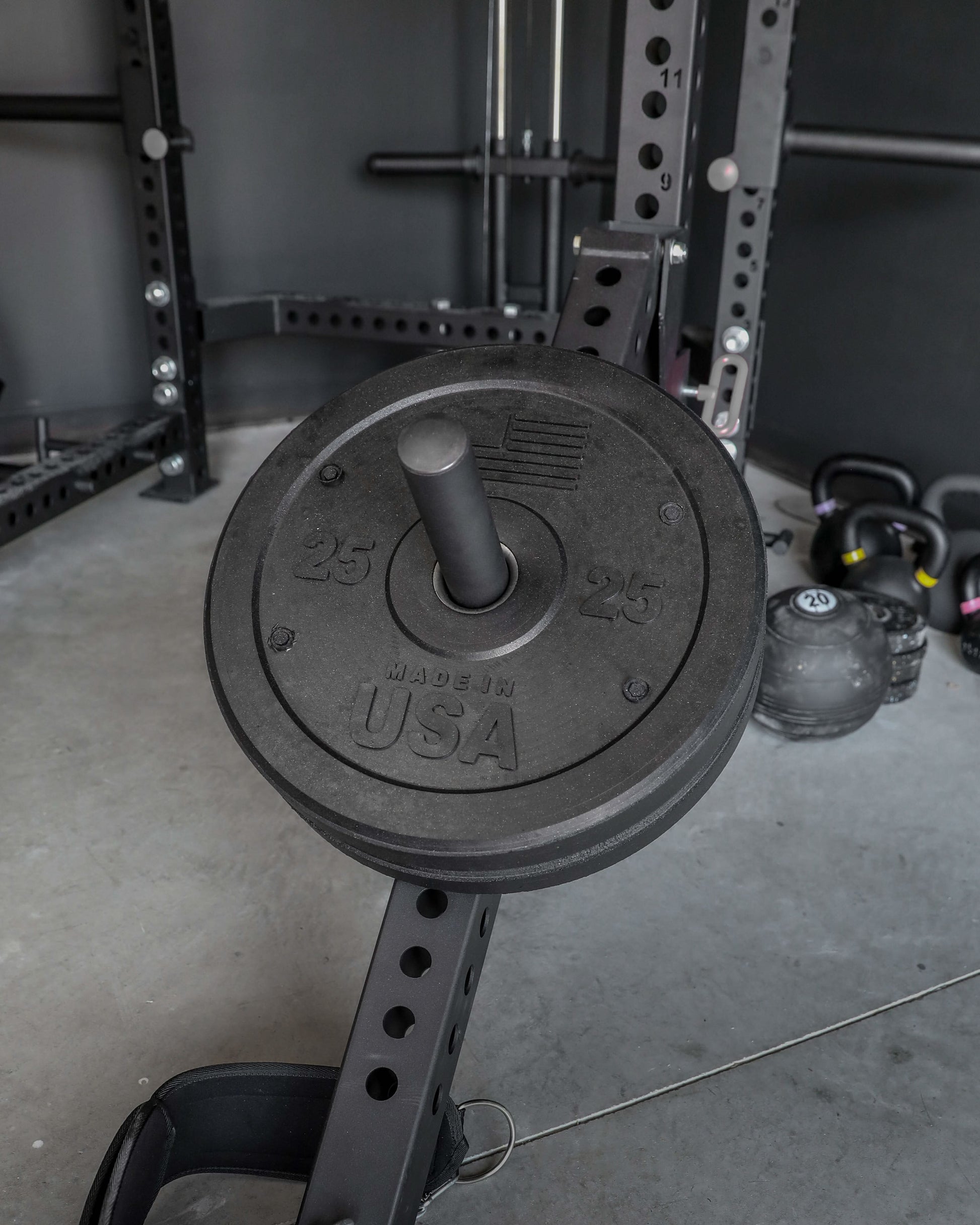 USA Bumper Plates - top view with plates loaded on a rack