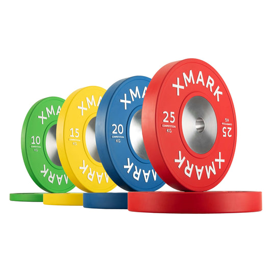 Premium competition bumper plates in various weights, color-coded for easy identification, showcasing durability and quality.