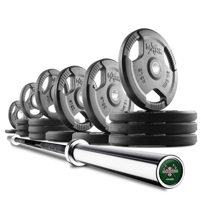 Tri-Grip Olympic weight plates and barbell set arranged in a row, showcasing various weights and a shiny barbell.
