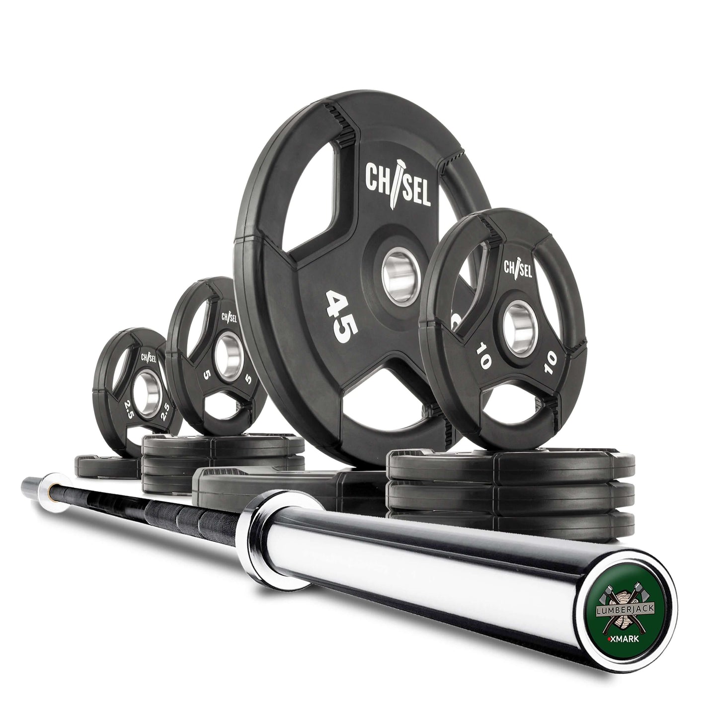 Chisel Olympic Weight Plates and Bar Set, featuring various weights and a sturdy bar for home gym workouts.