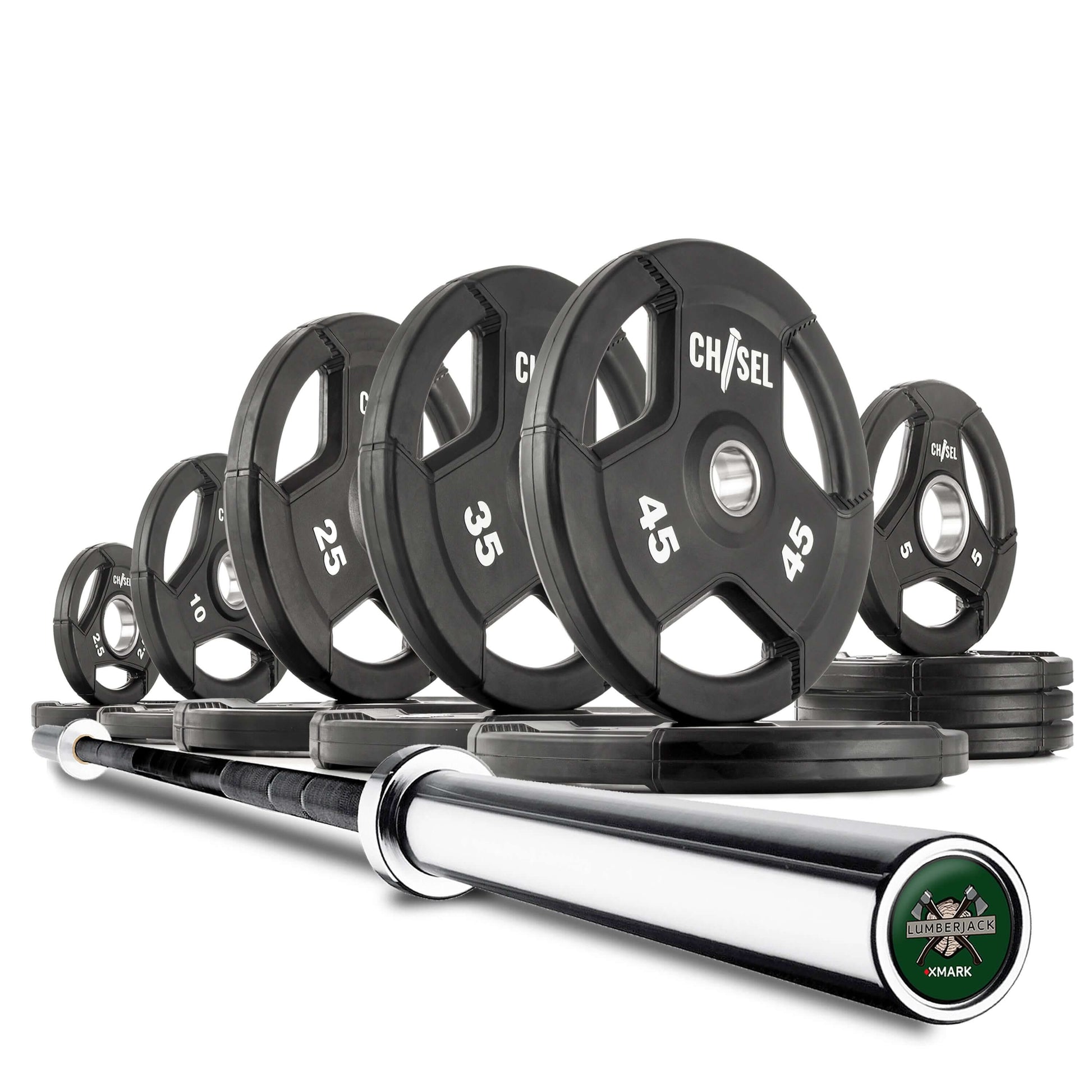 Chisel Olympic weight plates set including 10, 25, 35, and 45 lb plates with a sturdy barbell for home gym use.
