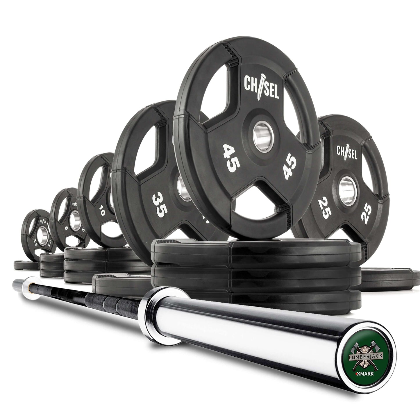 Chisel Olympic weight plates ranging from 25 to 45 lbs alongside a sturdy Olympic bar, perfect for home gym setups.