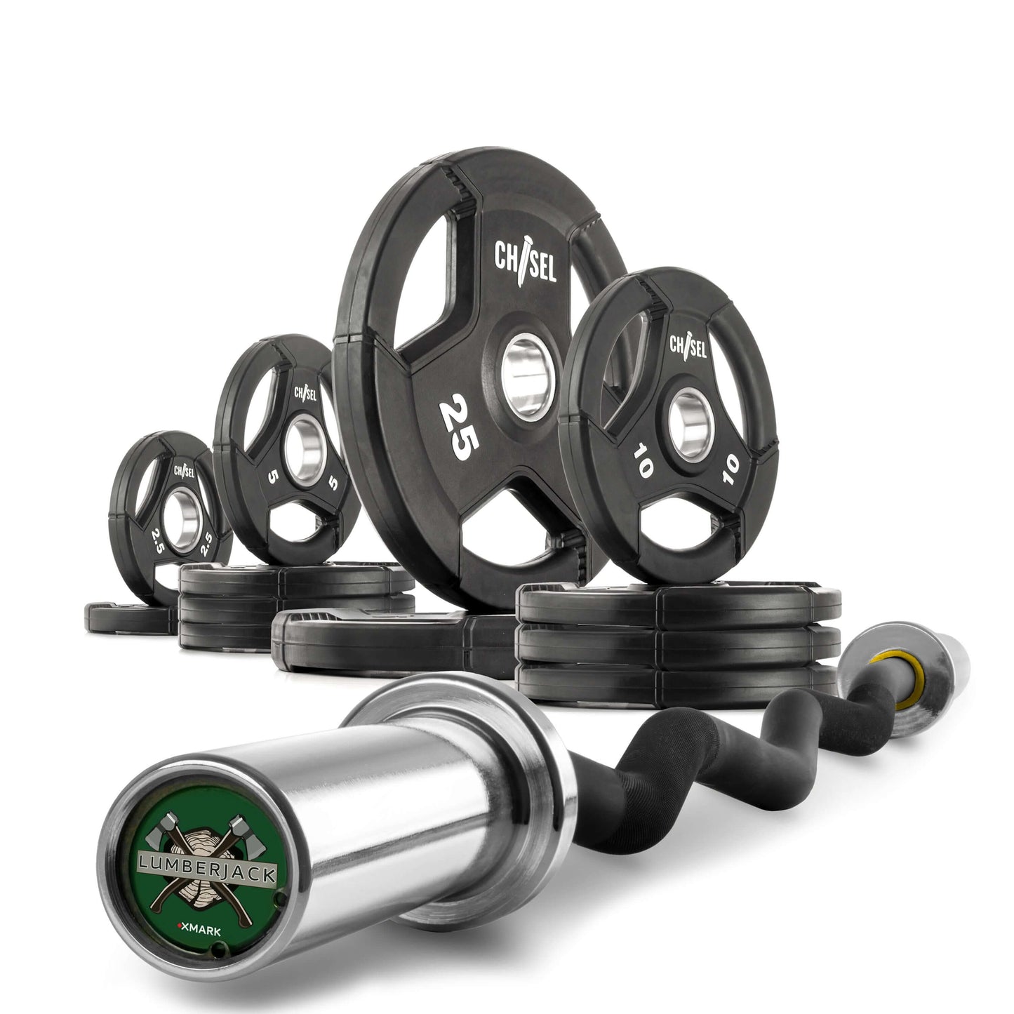 Chisel Olympic weight plates in various sizes, with curl barbell, perfect for customizable strength training.