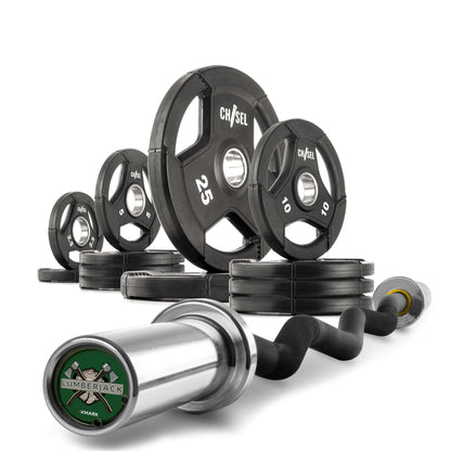 Chisel Olympic weight plates in various sizes, with curl barbell, perfect for customizable strength training.