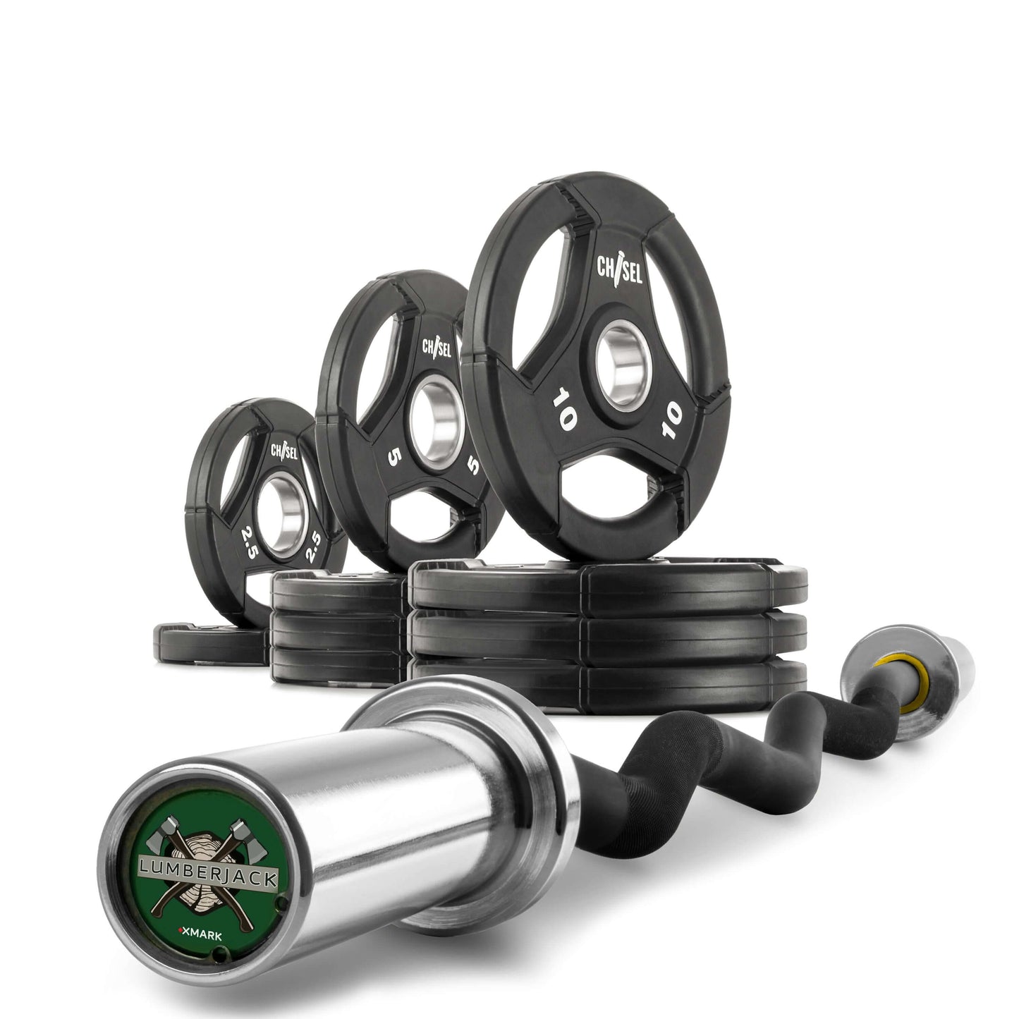 Chisel Olympic weight plates and curl barbell set showcasing varying plate weights for customizable strength training.