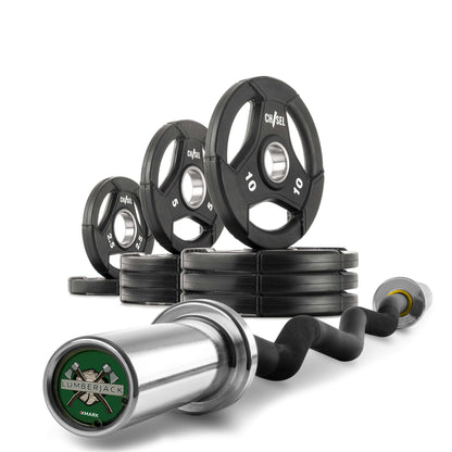 Chisel Olympic weight plates and curl barbell set showcasing varying plate weights for customizable strength training.