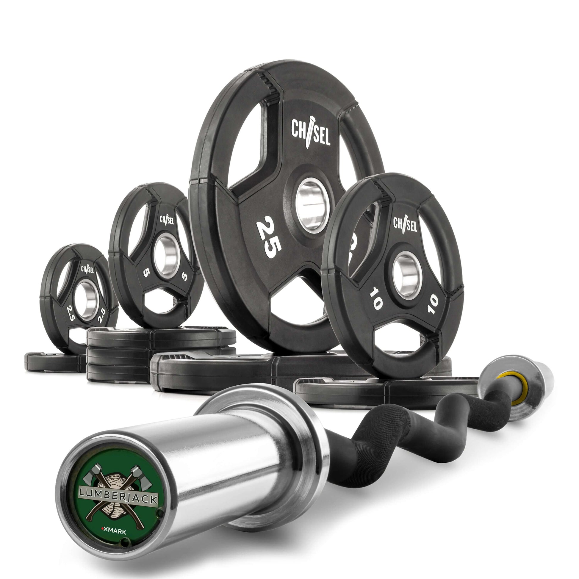Chisel Olympic weight plates and curl barbell set, showcasing various weight plates and a curl bar for strength training.