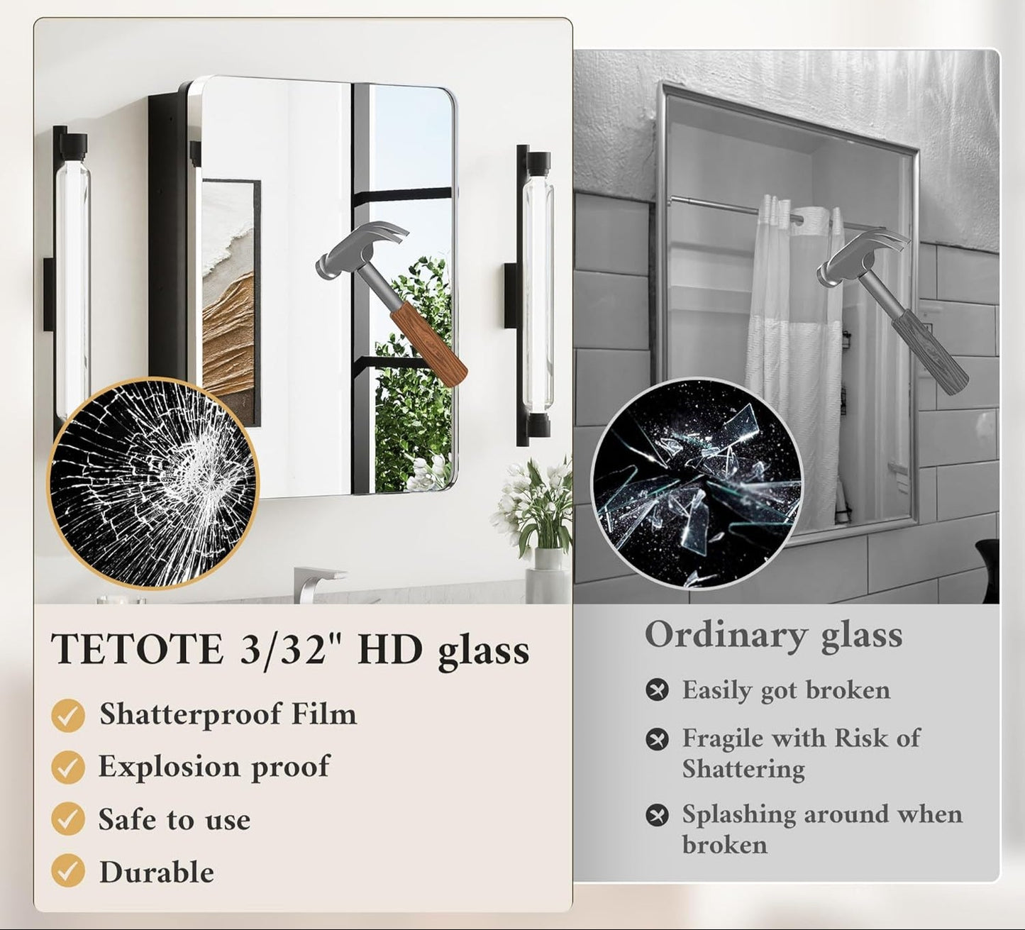Chrome Medicine Cabinet with Mirror – 24"x32" Stainless Steel Frame - Wall Mounted or Recessed Installation - HD Shatterproof Glass