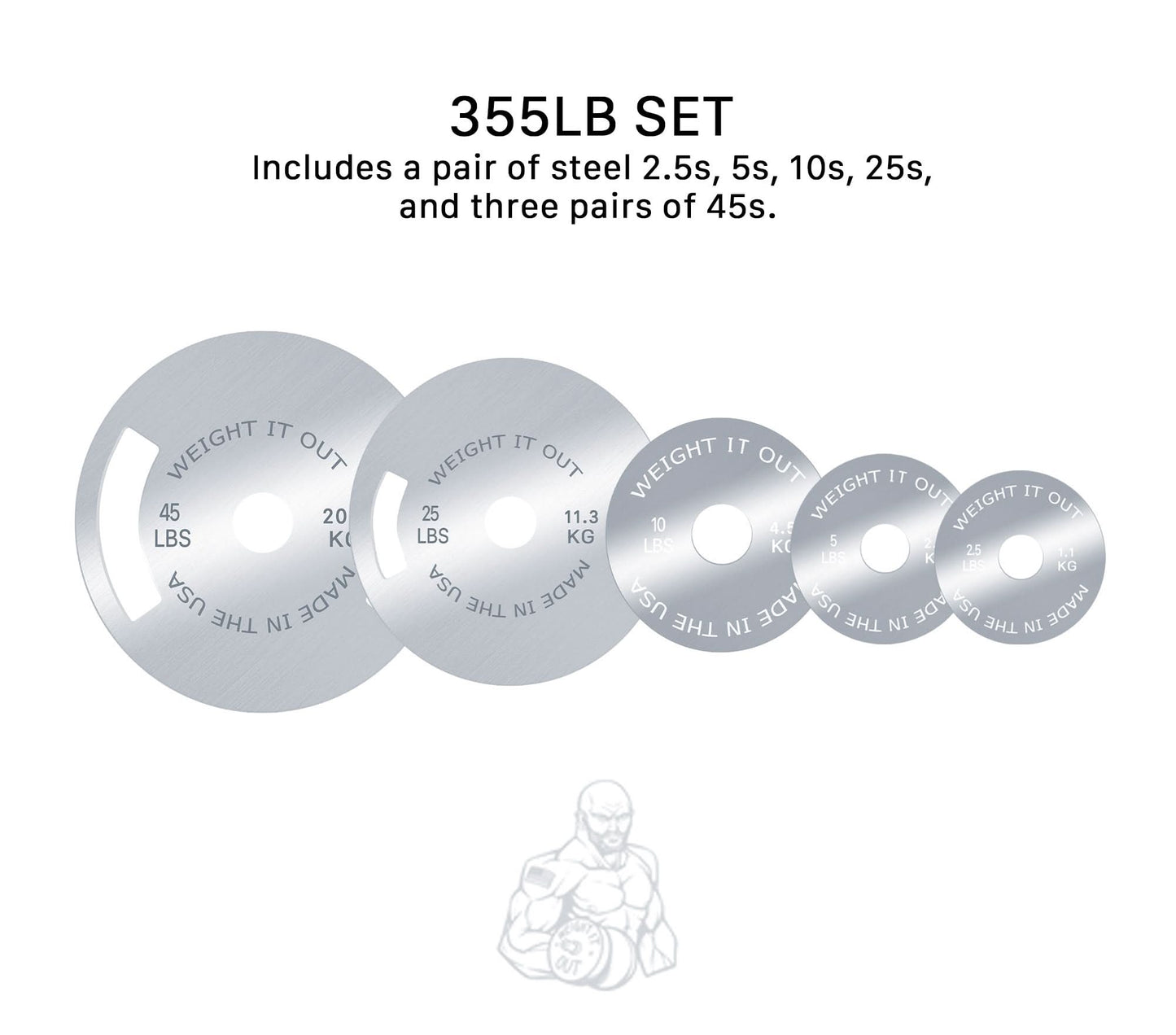 Solid Steel Calibrated Weight Plate Sets - front view layout 355lb set (silver finish)