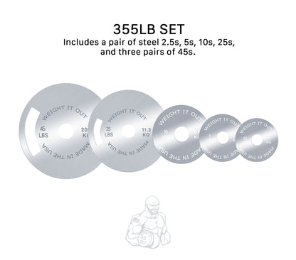 Solid Steel Calibrated Weight Plate Sets - front view layout 355lb set (silver finish)