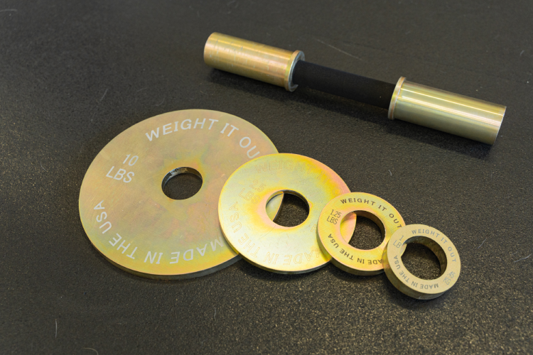 Solid Steel Loadable Dumbbell Sets - perspective view of dumbbell handle and plates layout (gold)