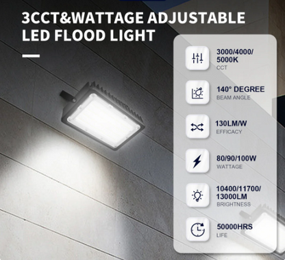 LED Flood Light with Wattage & CCT Selector, 80/90/100W, 9100-11700LM, 120-277V, UL/DLC Certified