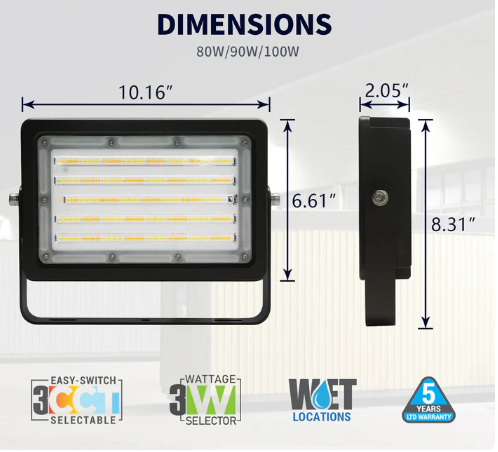 LED Flood Light with Wattage & CCT Selector, 80/90/100W, 9100-11700LM, 120-277V, UL/DLC Certified