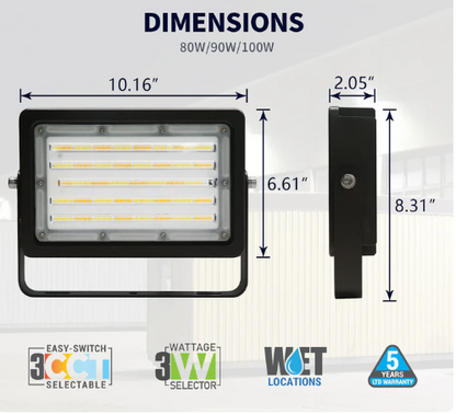LED Flood Light with Wattage & CCT Selector, 80/90/100W, 9100-11700LM, 120-277V, UL/DLC Certified