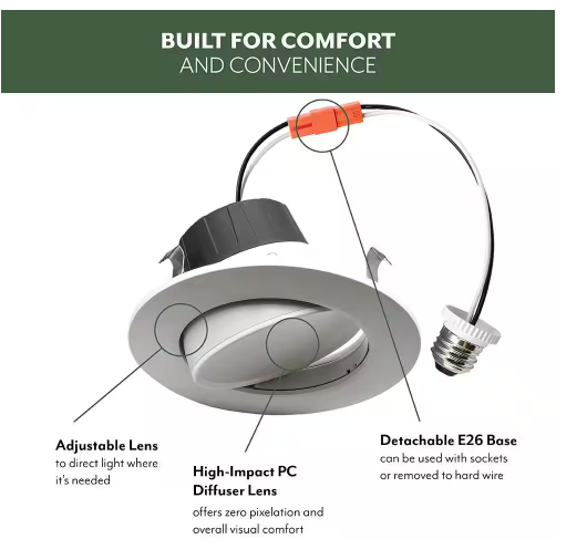 4 Inch Gimbal LED Downlight, 8W, Selectable CCT, 700 Lumens, 120 VAC