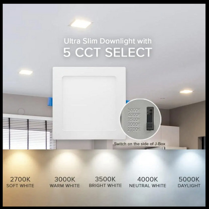 6-Inch Square Ultra-Slim LED Downlight, 5CCT, 15W, 1100LM, Dimmable, Baffle Trim, ETL/Energy Star/T24