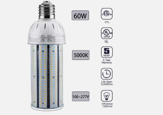 LED Corn Bulb, 60W, 6600 lumens, 5000K Daylight, E39 Mogul Base, 100-277 VAC