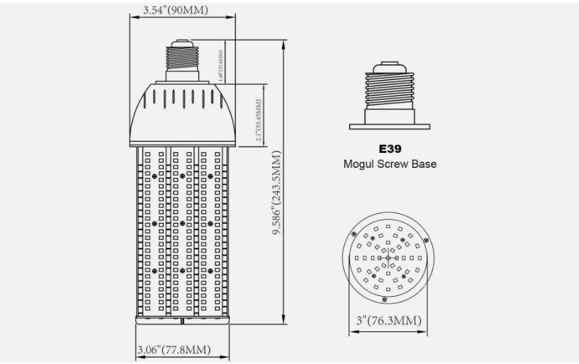 LED Corn Bulb, 60W, 6600 lumens, 5000K Daylight, E39 Mogul Base, 100-277 VAC