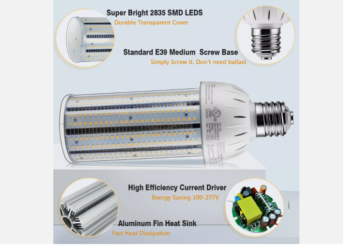 LED Corn Bulb, 60W, 6600 lumens, 5000K Daylight, E39 Mogul Base, 100-277 VAC