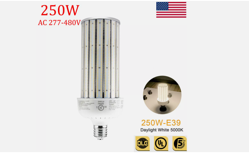 LED Corn Bulb, 250W, 37,500 lumens, 5000K, E39 Mogul Base, 277-480 VAC