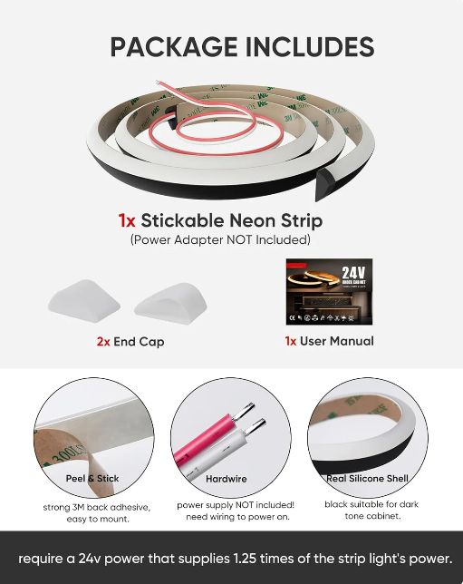 24V Anti-Glare Bright Cozy Under Cabinet LED Strip Free Cut 6000K Cool White - Black Shell