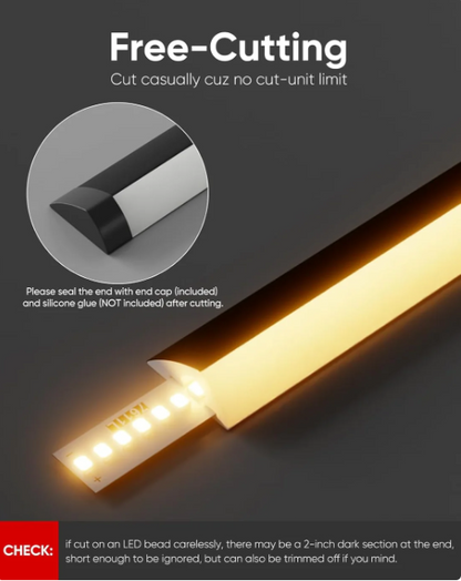 24V Anti-Glare Bright Cozy Under Cabinet LED Strip Free Cut 2700K Warm White - Black Shell