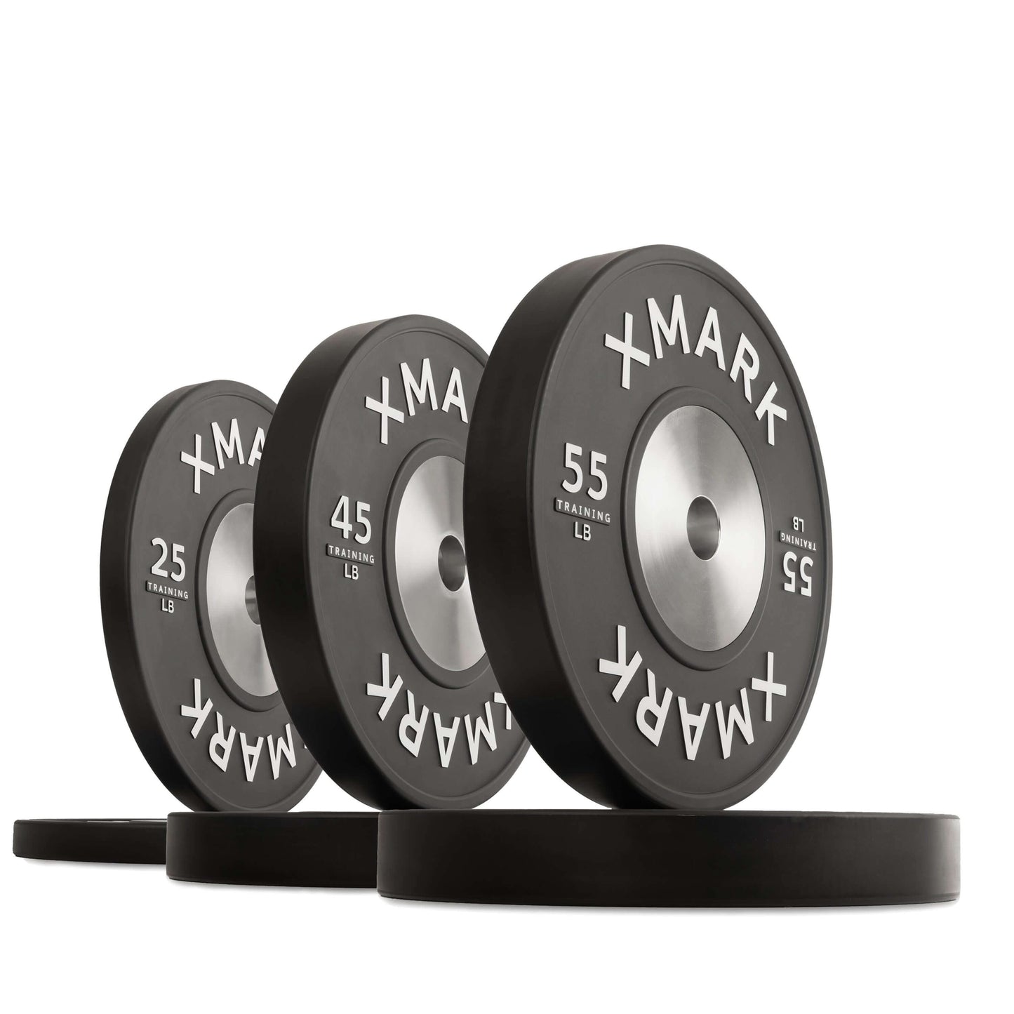 Black premium IWF training bumpers in various weights: 25, 45, and 55 lbs for precise, durable workouts.