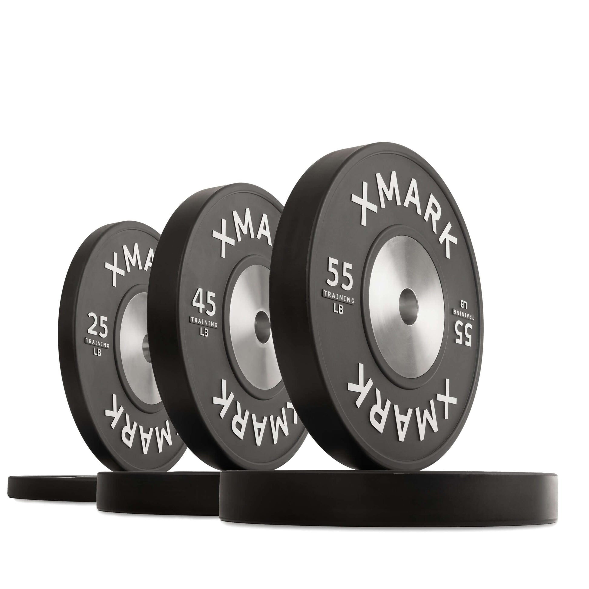 Black premium IWF training bumpers in various weights: 25, 45, and 55 lbs for precise, durable workouts.