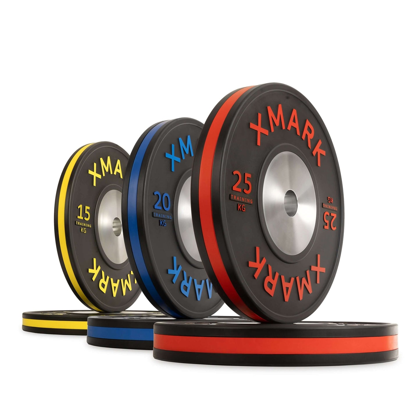 Striped IWF training bumper plates in various weights: 15kg, 20kg, and 25kg, for precision weight training.