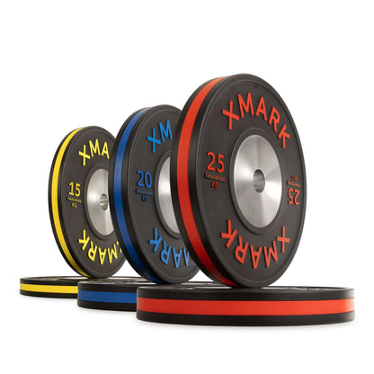 Striped IWF training bumper plates in various weights: 15kg, 20kg, and 25kg, for precision weight training.