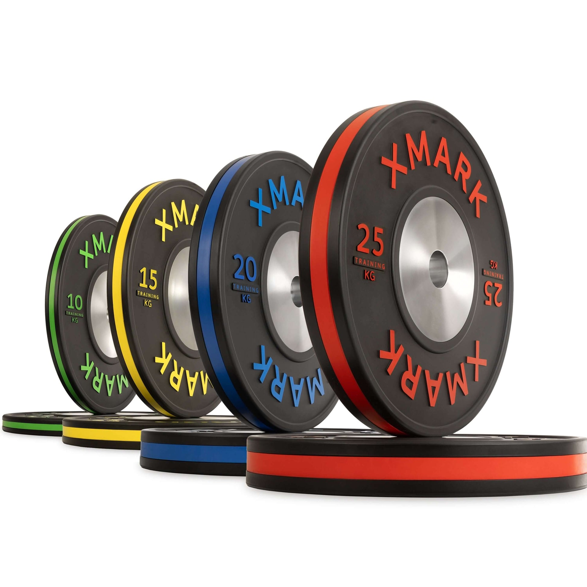 Five color-coded bumper plates in kilograms, showcasing varying weights, ideal for precision training and durability.