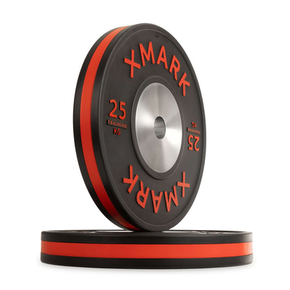 XMARK 25 kg competition training bumper plate with red accents, designed for precise and consistent lifting performance.