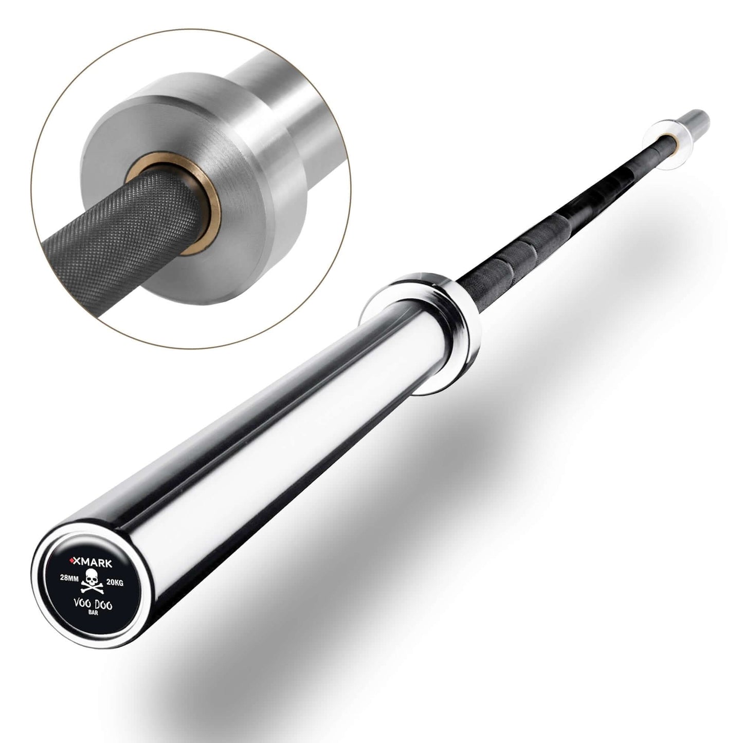 Close-up of a 7ft Olympic weightlifting bar with dual knurling and chrome sleeves, showcasing quality and durability.